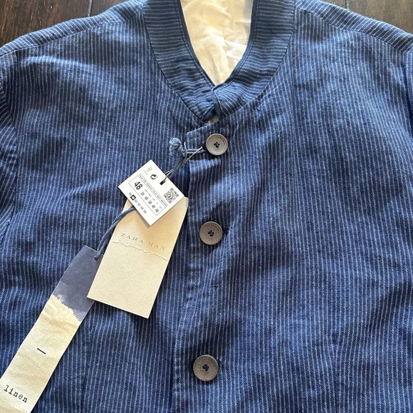 New With Tags, Zara Jacket Linen Blue Striped Mandarin Collar Blazer - Picture 3 of 10